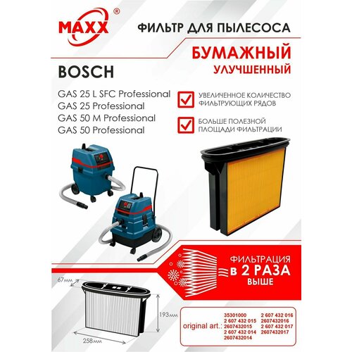 Фильтр складчатый бумажный улучшенный для пылесоса Bosch GAS 25 L SFC , Bosch GAS 50 bosch фильтр 2 607 432 024 белый синий 1 шт