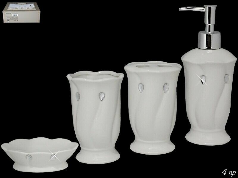 Набор 4 предмета для ванной комнаты Lenardi стакан, подставка для зубных щеток, мыльница, дозатор, керамика