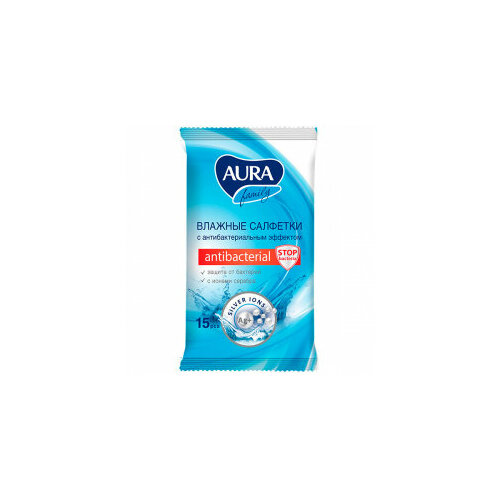 Набор из 10 штук Влажные салфетки универсальные AURA Family 15шт с антибактериальным эффектом 714₽