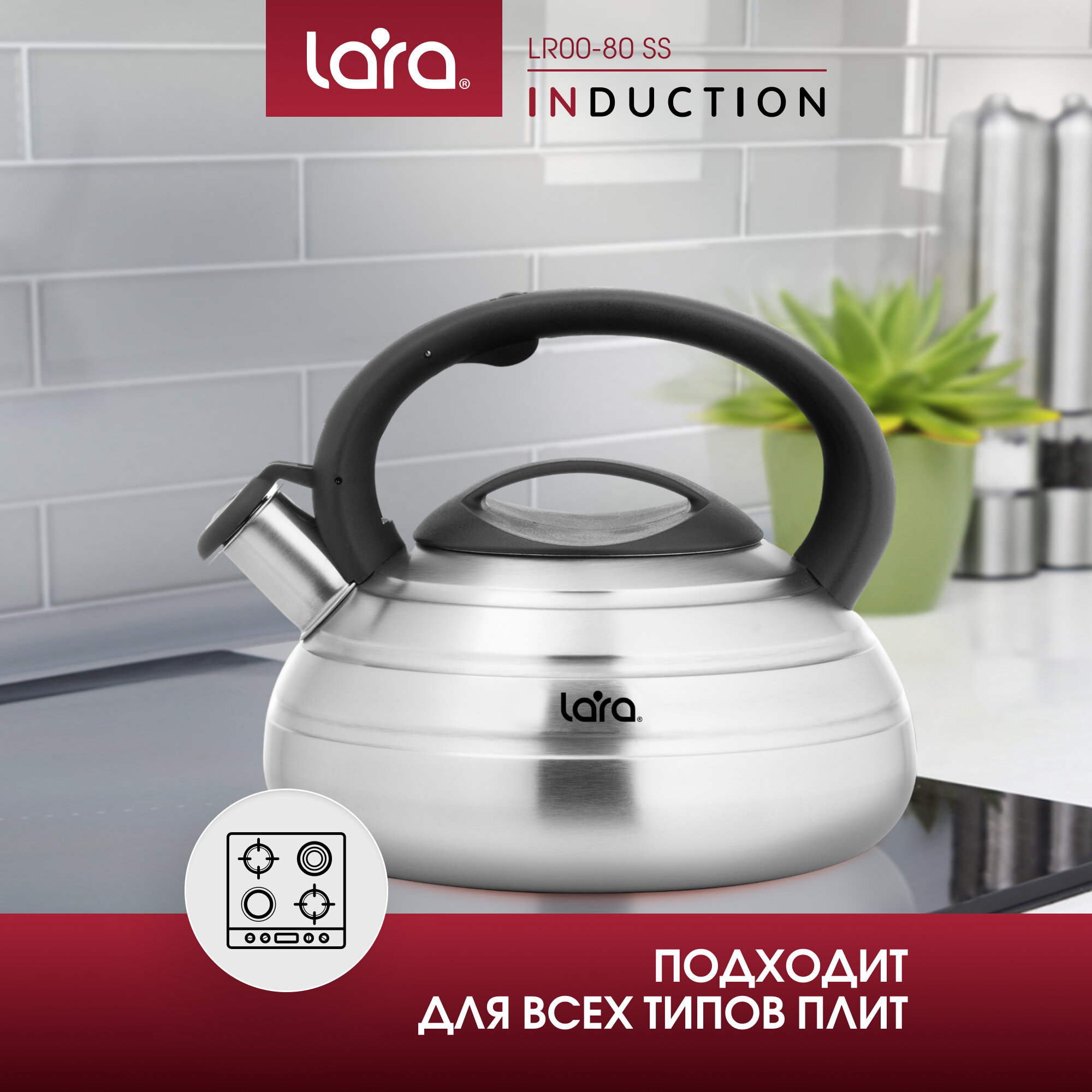 Чайник со свистком LARA LR00-80 SS/ 3 л/ матовый/ Soft-touch/ капсулированное/ индукционное дно/ свисток