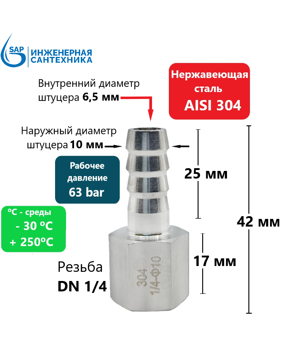 Штуцер шланга DN 1/4 ВР - 10 мм из нержавеющей стали AISI 304