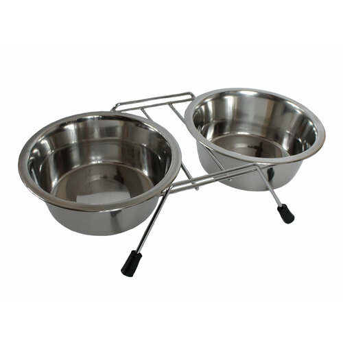 Миска металлическая на подставке двойная, напольная. Миска для кошек и собак. Объем 0,24 л.