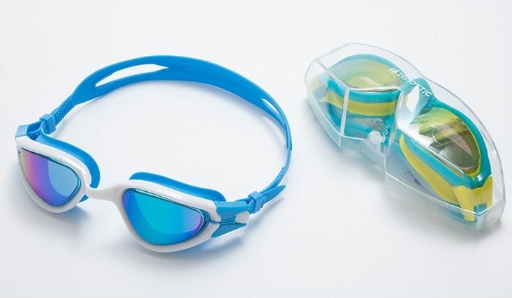 Очки для плавания ZENOTTIC Z620 голубые зеркальные взрослые мужские и женские для большого лица с футляром
