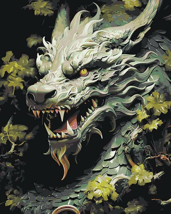 Картина по номерам на холсте Зеленый дракон в листьях 40х50
