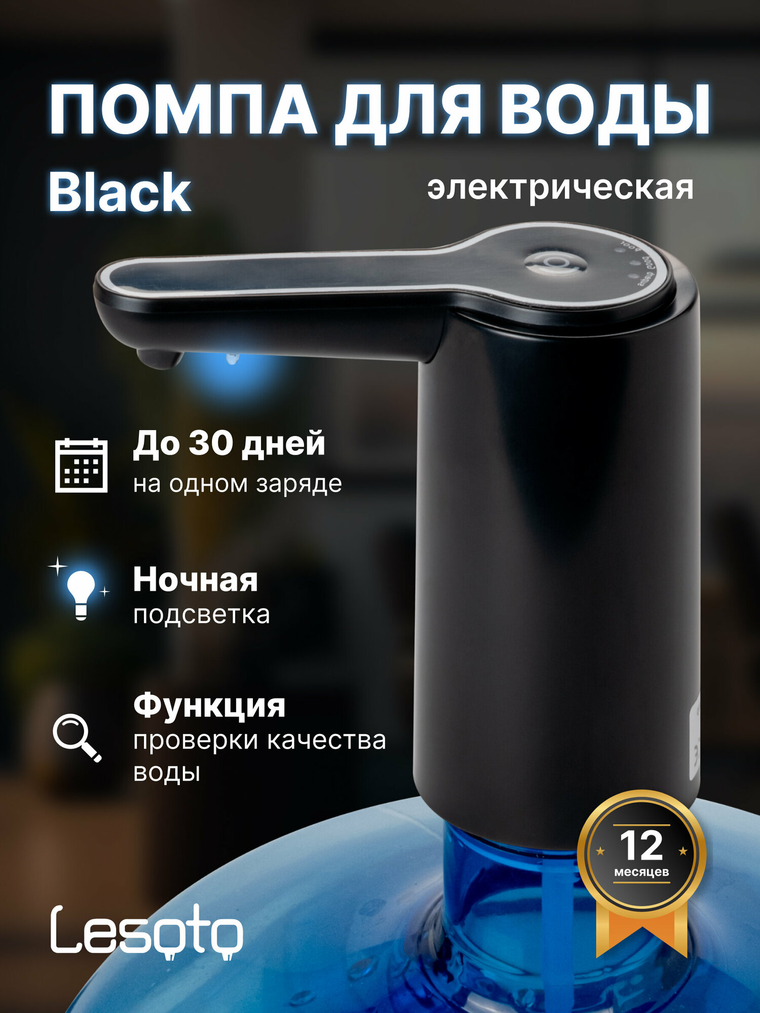 Помпа для воды LESOTO Black Электрическая аккумуляторная USB-помпа (насос)
