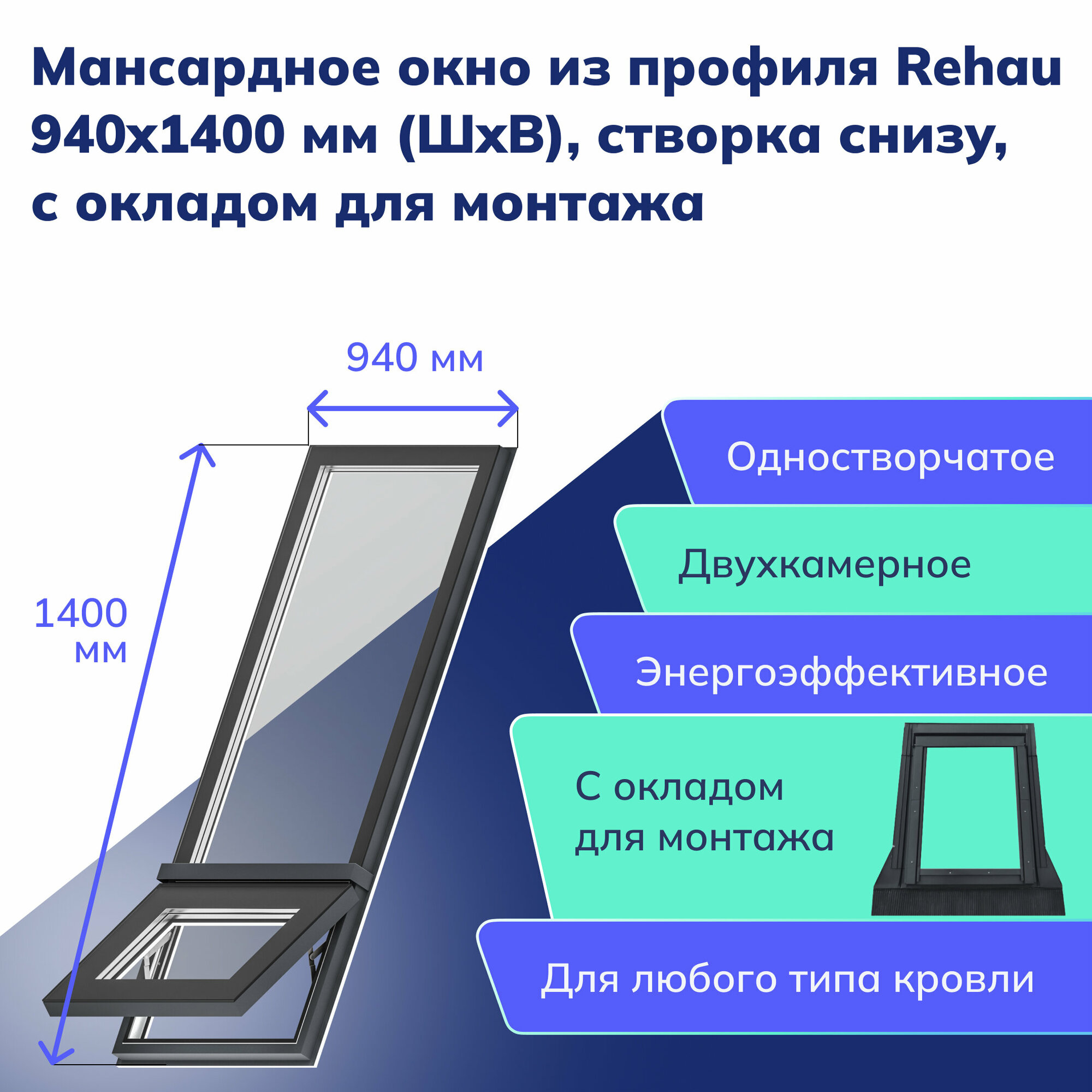 фото Мансардное окно из профиля Rehau 940x1400 мм (ШхВ), створка снизу