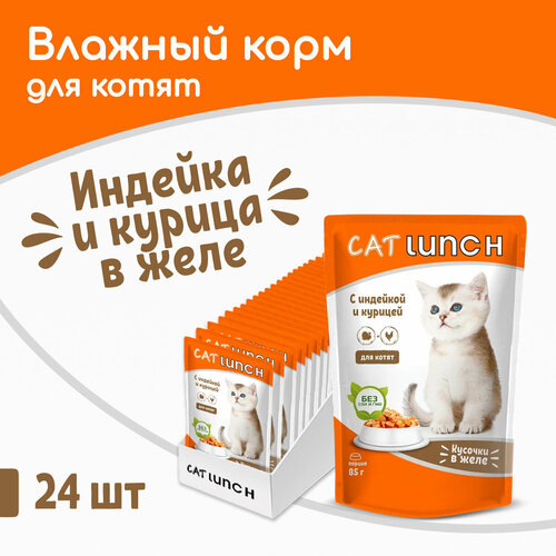 Влажный корм для котят Cat Lunch кусочки в желе с индейкой и курицей, пауч 85гх24шт