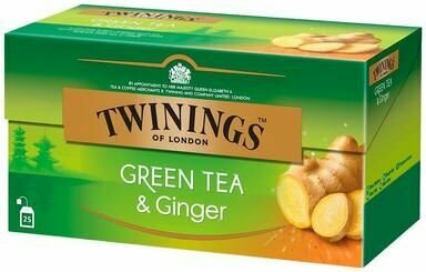 Чай зеленый TWININGS Green Tea & Ginger со вкусом имбиря 25 пакетиков по 1,6 г (из Финляндии)