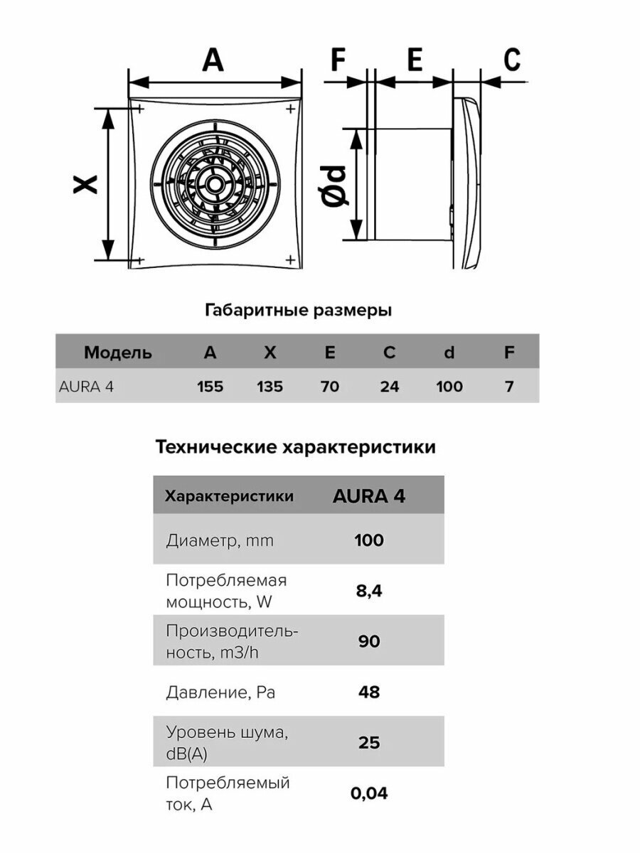 Вытяжной вентилятор Diciti AURA 4C, 155х155 мм, D100 мм с обр. клапаном, в ванную, белый