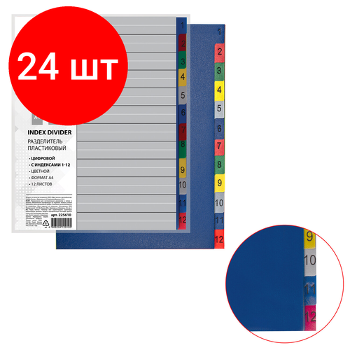 Комплект 24 шт, Разделитель пластиковый BRAUBERG, А4, 12 листов, цифровой 1-12, оглавление, цветной, 225610