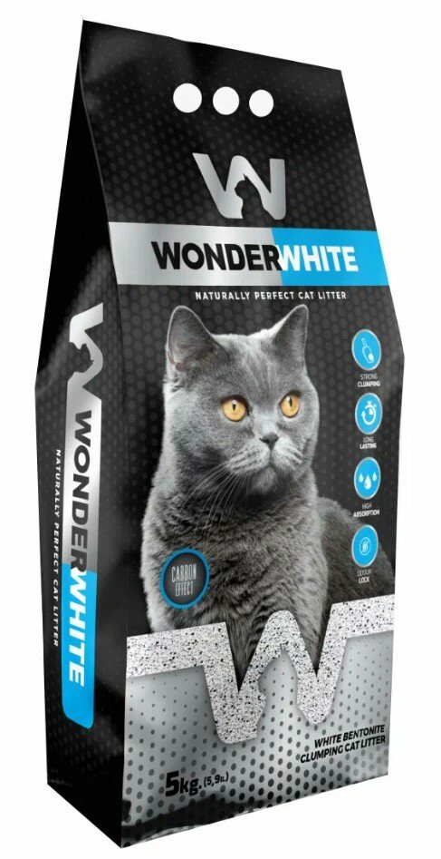 Wonder White Carbon Effect наполнитель для кошачьего туалета комкующийся c активированным углем без ароматизатора 5кг