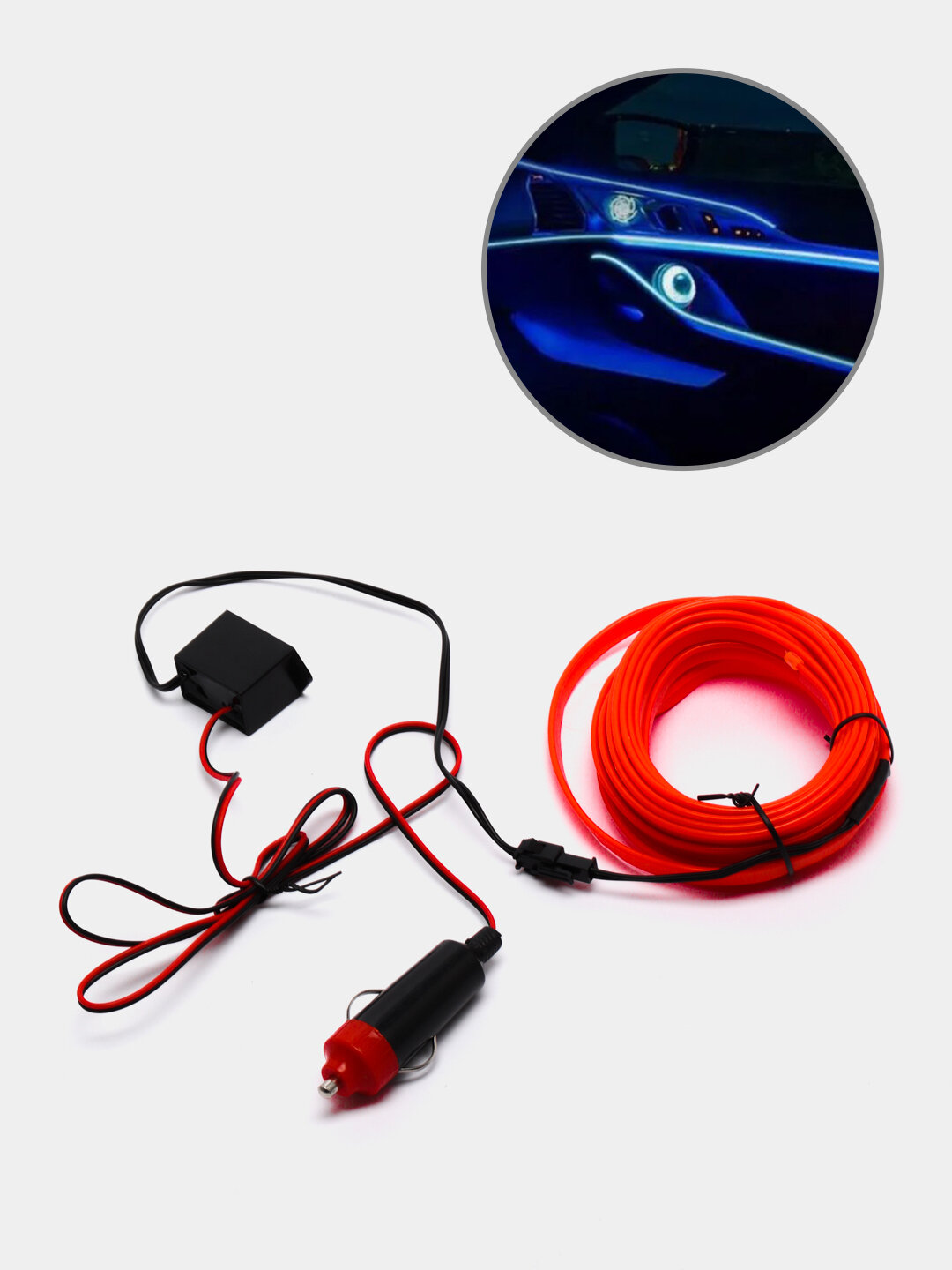 Неоновая лента контурная подсветка салона авто Тип 3м с батарейками Цвет Красный