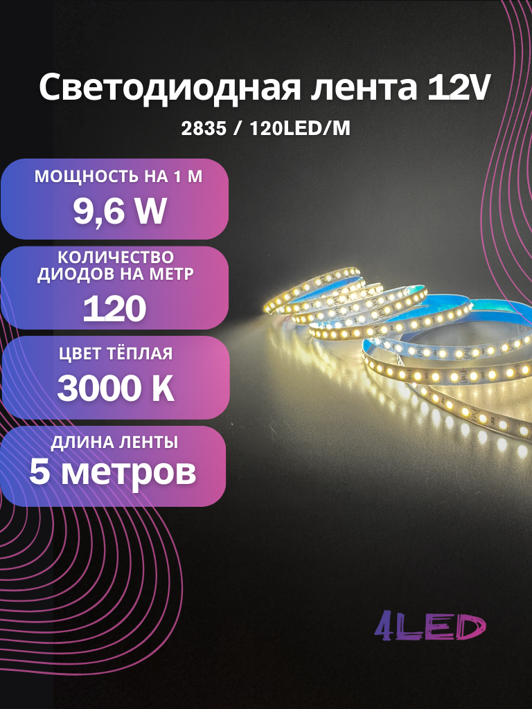 Светодиодная лента 4LED 2835 120LED/M 12V IP33 теплый