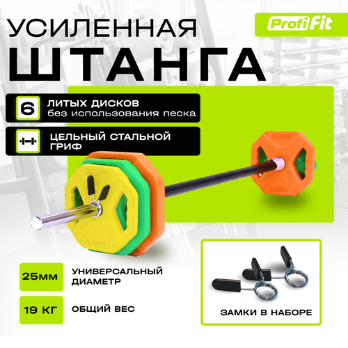Штанга спортивная с блинами PROFI-FIT Progress, разборная, стальная, комплект для body pump и фитнеса: гриф и диски, 19 кг