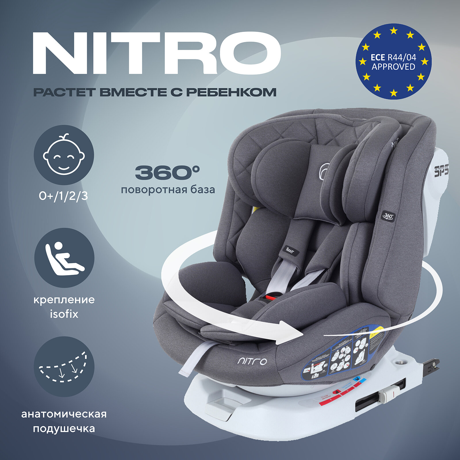 Автокресло Rant Nitro isofix UB619 группа 0+/1/2/3 от 0 до 12 лет вес 0-36 кг рост 40-145 см, Grey