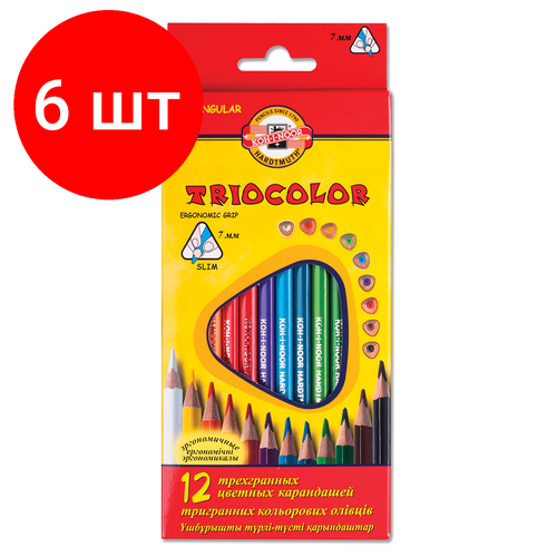 карандаши цветные 12цв 3 гран koh i noor triocolor 3132 12 1 шт Комплект 6 шт, Карандаши цветные KOH-I-NOOR Triocolor, 12 цветов, трехгранные, грифель 3.2 мм, европодвес, 3132012004KSRU