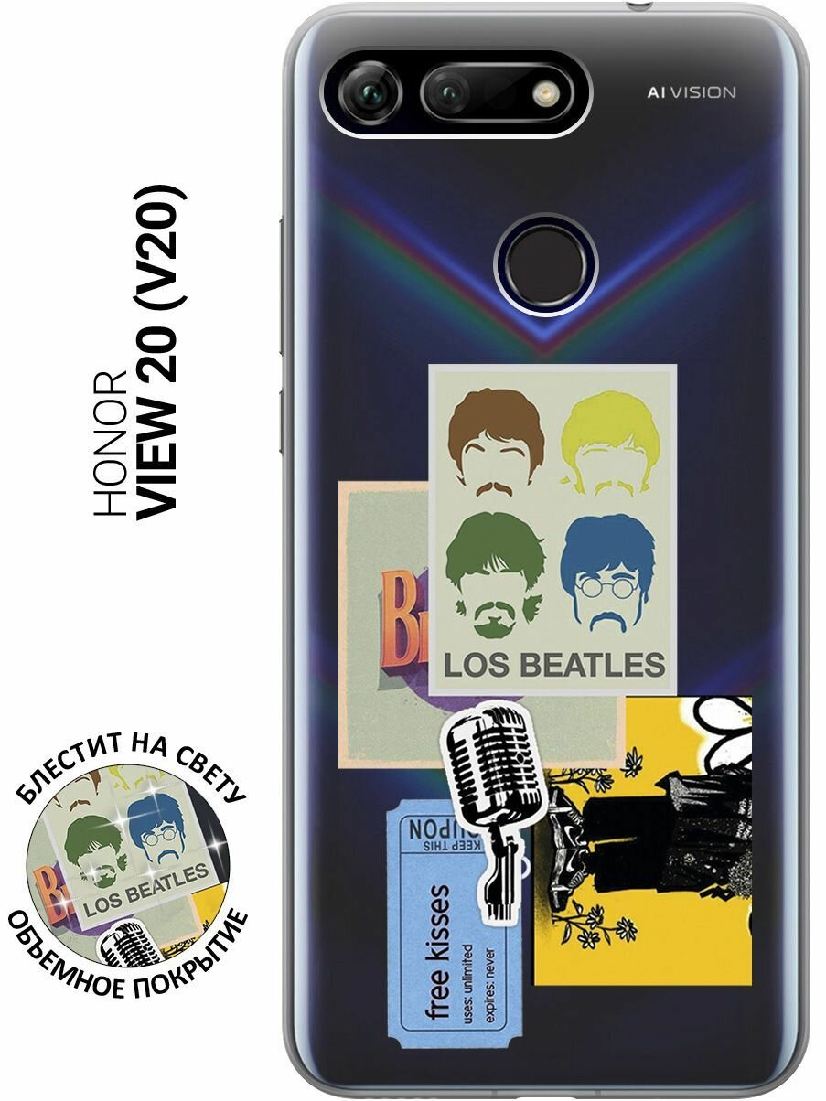 Силиконовый чехол на Honor View 20 (V20), Хонор Вив 20 с 3D принтом "Beatles Stickers" прозрачный