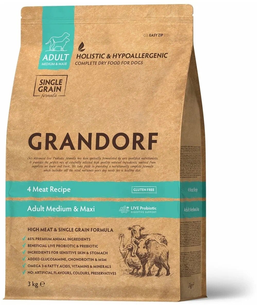 Сухой корм для собак Grandorf 4 Meat Recipe Med&Maxi гипоаллергенный, 4 мяса, с пробиотиками 3 кг