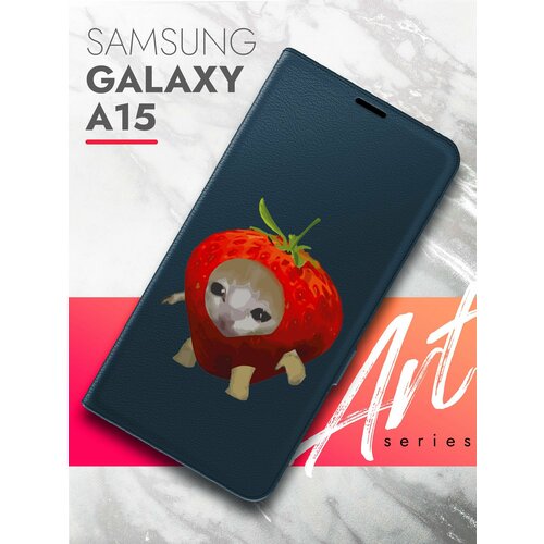 Чехол на Samsung Galaxy A15 (Самсунг Галакси А15) синий книжка эко-кожа подставка отделение для карт магнит Book case, Brozo (принт) Котик в Клубнике чехол на samsung galaxy a15 самсунг галакси а15 синий книжка эко кожа подставка отделение для карт магнит book case brozo принт синий колокольчик