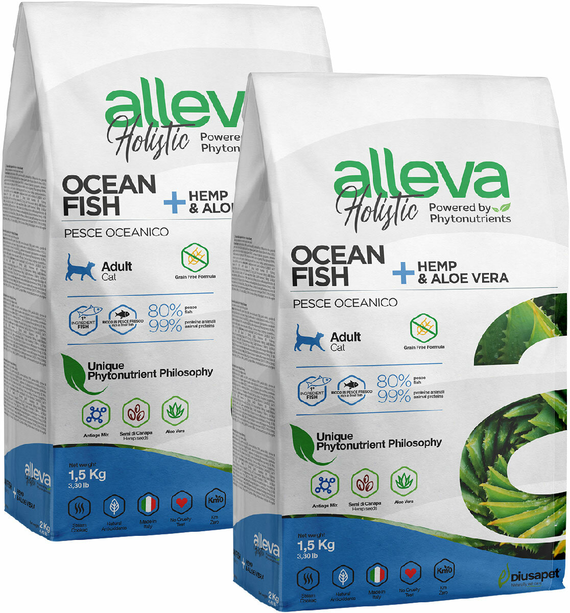 ALLEVA HOLISTIC ADULT CAT OCEAN FISH беззерновой для взрослых кошек с океанической рыбой, коноплей и алоэ вера (1,5 + 1,5 кг)