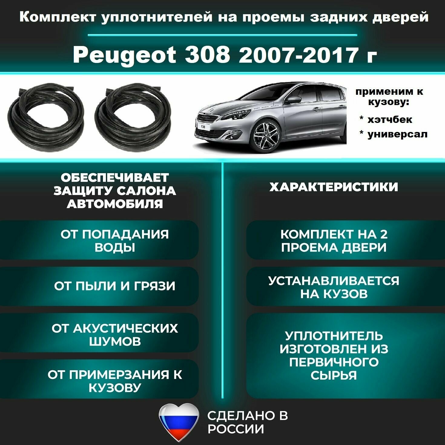 Комплект уплотнителей проема задних дверей Peugeot 308 2007-2017 г / уплотнитель для Пежо 308