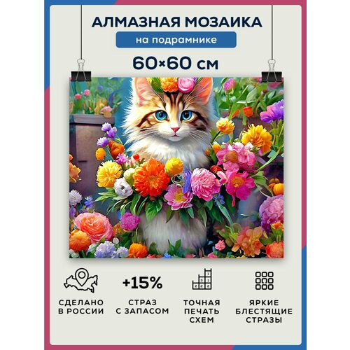 Алмазная мозаика 60x60 Котик в цветах на подрамнике