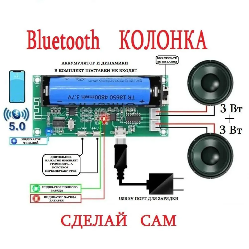 Модуль Bluetooth аудио колонка XH-A153, 2-канальный стерео усилитель 3 Вт + 3 Вт DC 5 В — фото 1