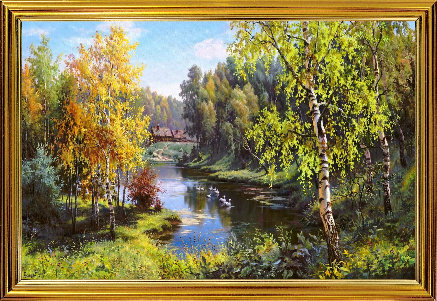 Картина, "Гуси в деревне", 30х20 см, художник - Прищепа И. Арт. ПИ12-30х20