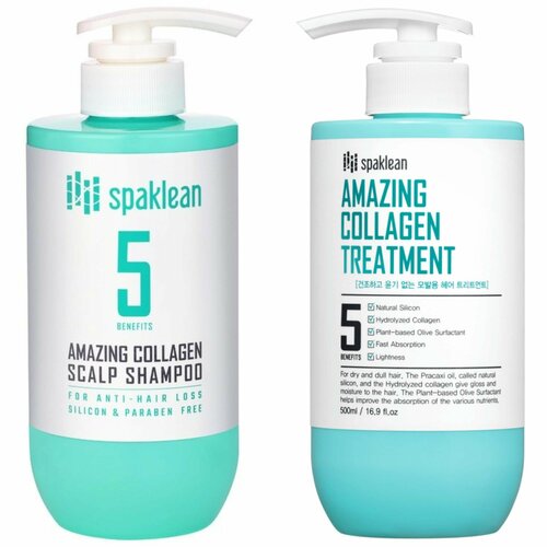 Spaklean Набор для волос: Восстанавливающий шампунь с наноколлагеном Amazing Collagen Scalp Shampoo 500 мл. + Экспресс бальзам Amazing Collagen Treatment 500 мл. spaklean бальзам для волос с коллагеном amazing collagen treatment 500 мл