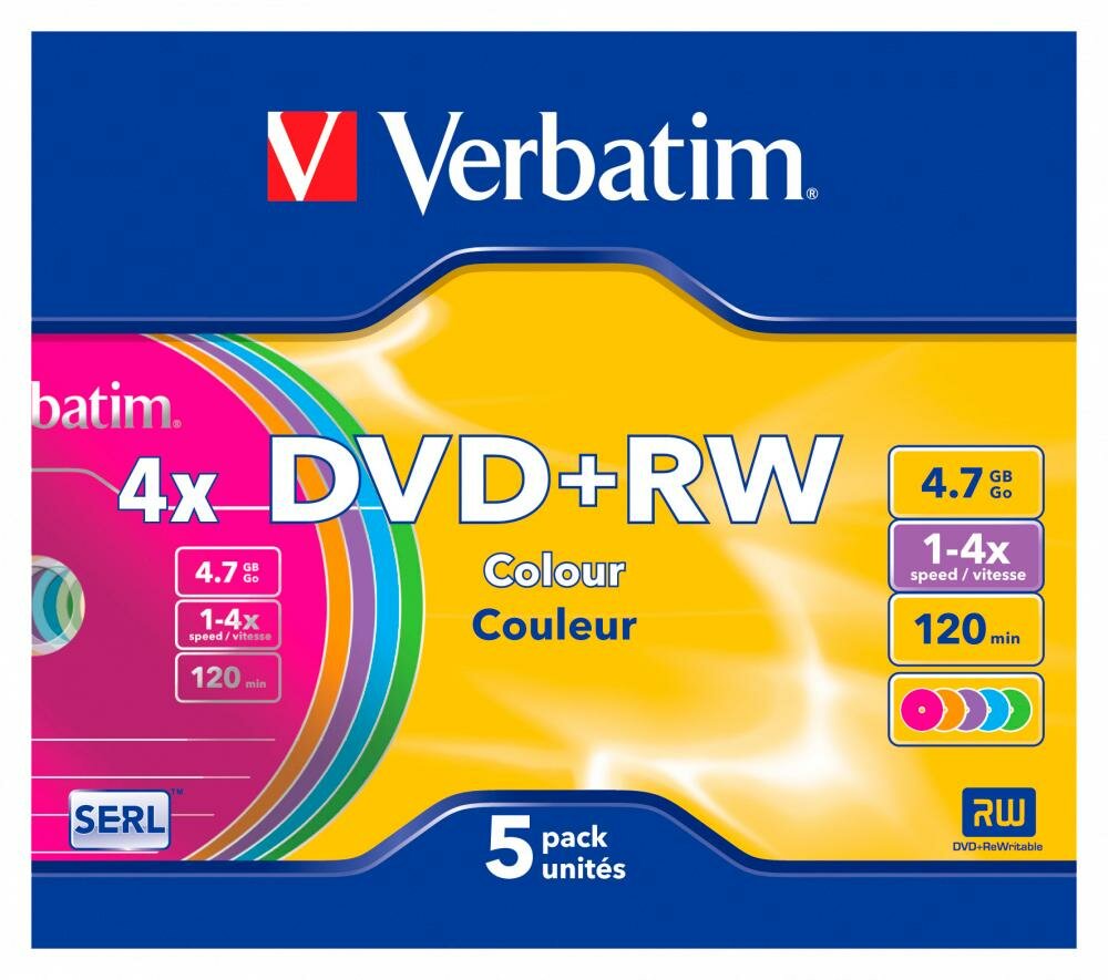 Носители информации DVD+RW, 4x, Verbatim Serl Colour, Slim/5, 43297