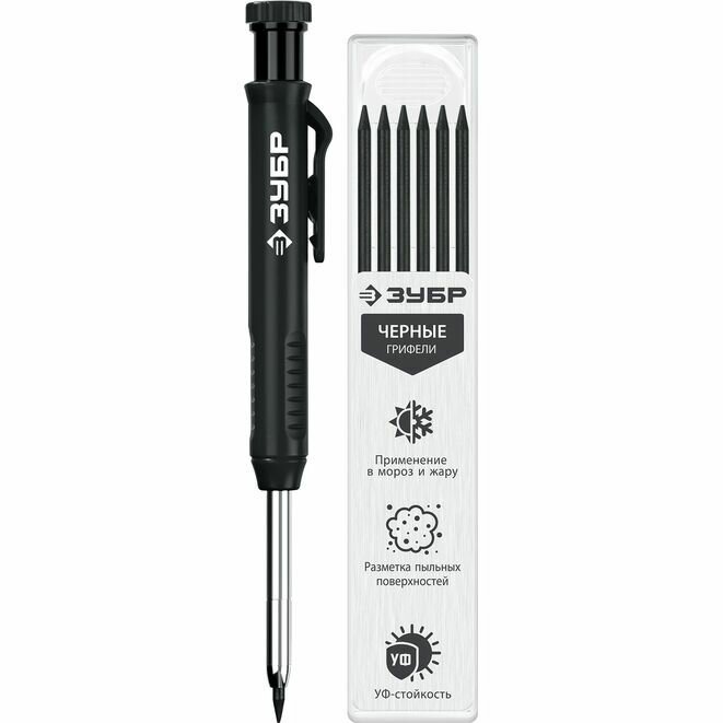 Автоматический строительный карандаш ЗУБР, черный, HB, 6 сменных грифелей