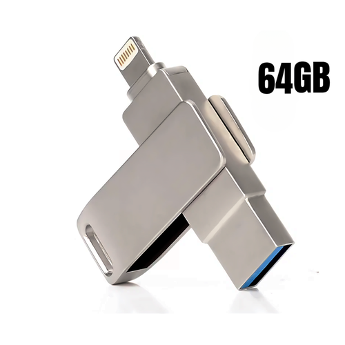 Флешка для айфона 64GB / 2в1, USB Lightning - USB 3.0 / для iPhone, iPad, iPod / металлическая разветвитель 2в1 lightning в jack 3 5mm наушники зарядка для iphone ipad