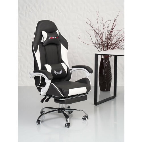 Кресло игровое компьютерное Kalev-308F цвет черный с белыми вставками из искусственной кожи. Подножка в комплекте.