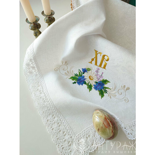 Пасхальный сувенир льняная салфетка от ANTURAG - VISHIVKA вышивка , кружево, 45*45см