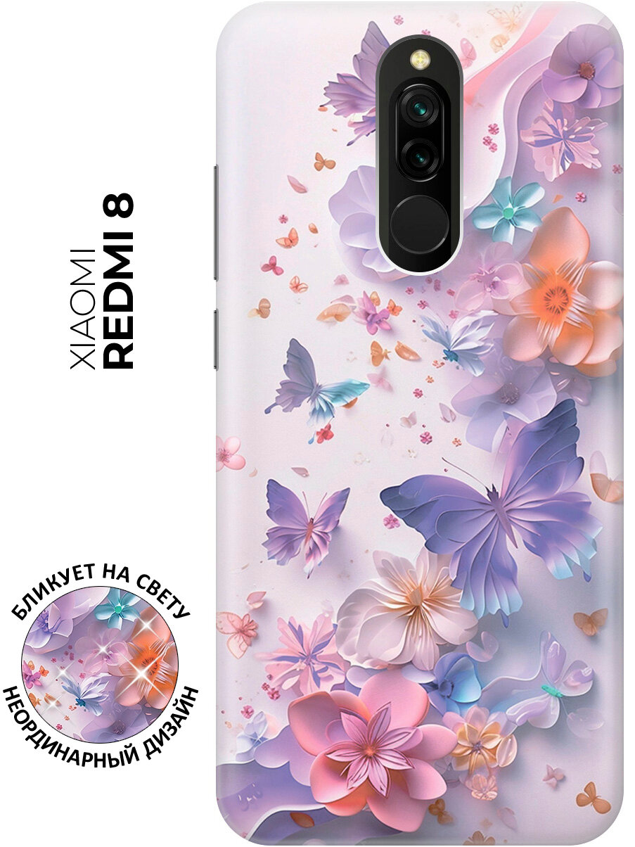 Силиконовый чехол на Xiaomi Redmi 8 с принтом "Фиолетовые бабочки и бумажные цветы"