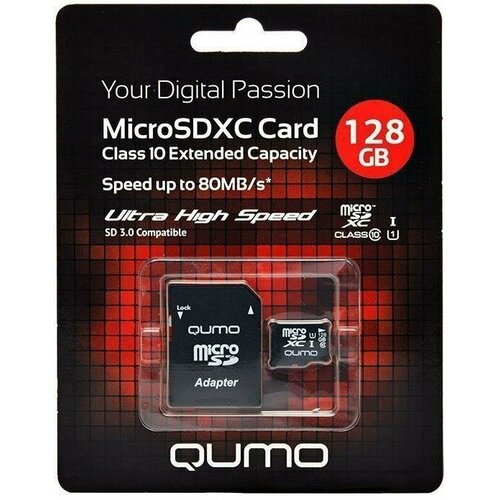 Micro SecureDigital 128Gb QUMO QM128GMICSDXC10U3 {MicroSDXC Class 10 UHS-I, SD adapter} карта памяти micro securedigital 64gb qumo uhs i 3 0 qm64gmicsdxc10u1na