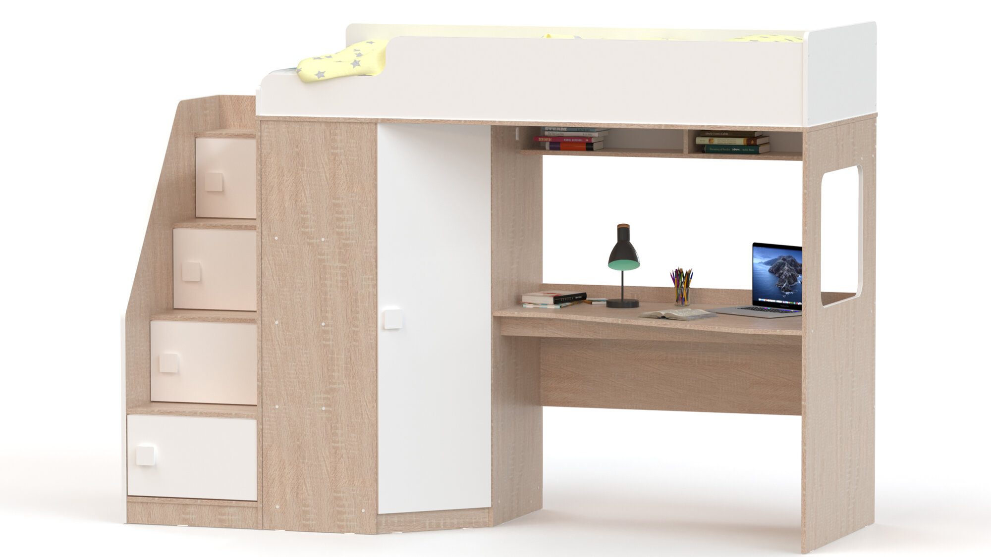 фото Кровать-чердак с угловым шкафом и столешницей Ridgimmi 11 дуб сонома/белая