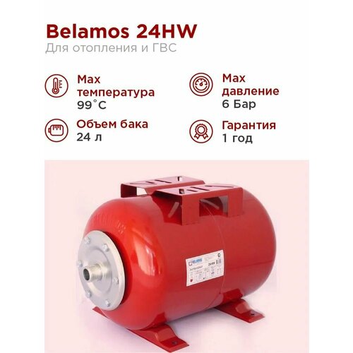 Гидроаккумулятор 24 литров для ГВС / расширительный бак (экспанзомат) горизонтальный 3/4 Belamos (Беламос) красный