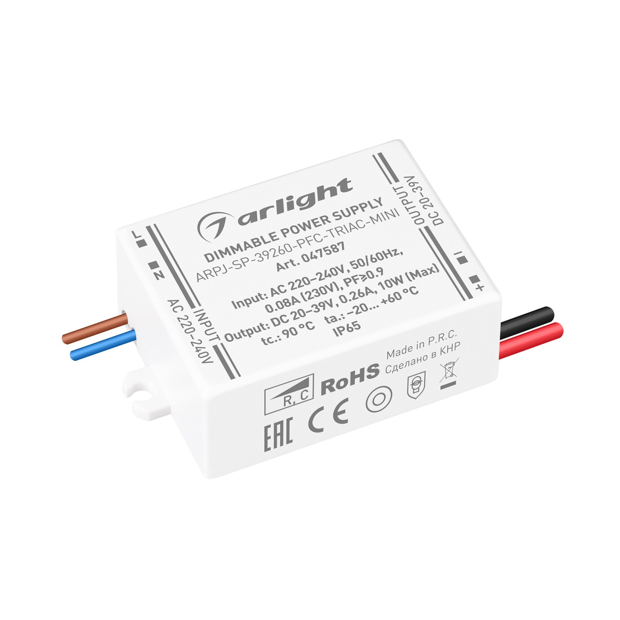 047587 Блок питания ARPJ-SP-39260-PFC-TRIAC-MINI (10W, 20-39V, 260mA) (Arlight, IP65 Пластик, 5 лет)