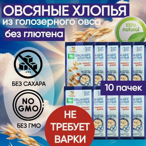 Изображение товара Хлопья овсяные из голозёрного овса натуральные, без глютена, не требующие варки 275 гр. Сташевское (10 шт. в наборе)