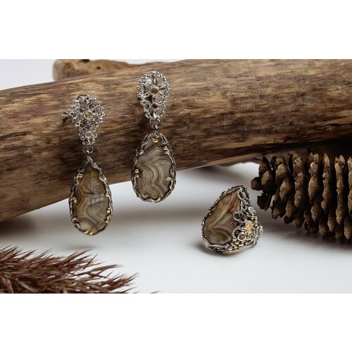 Серьги с подвесками СИЛА ПРИРОДЫ, серебро, 925 проба, сапфир, агат, хризолит, гранат, бриллиант, топаз, серебряный, золотой