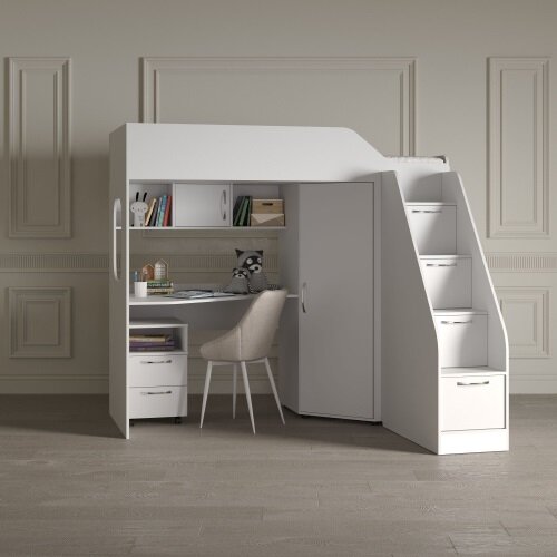 фото Кровать-чердак "Скаут 5" с письменным столом и лестницей-комодом, цвет - белый, тип левый