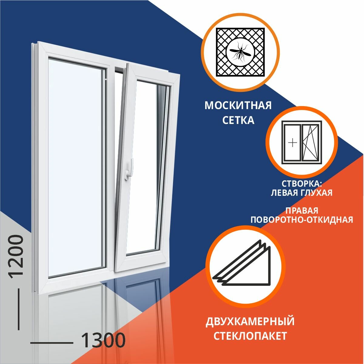 фото Окно двухкаменое 1300x1200 мм двухстворчатое: левая глухая, правая поворотно откидная с москитной сеткой GRAZIO