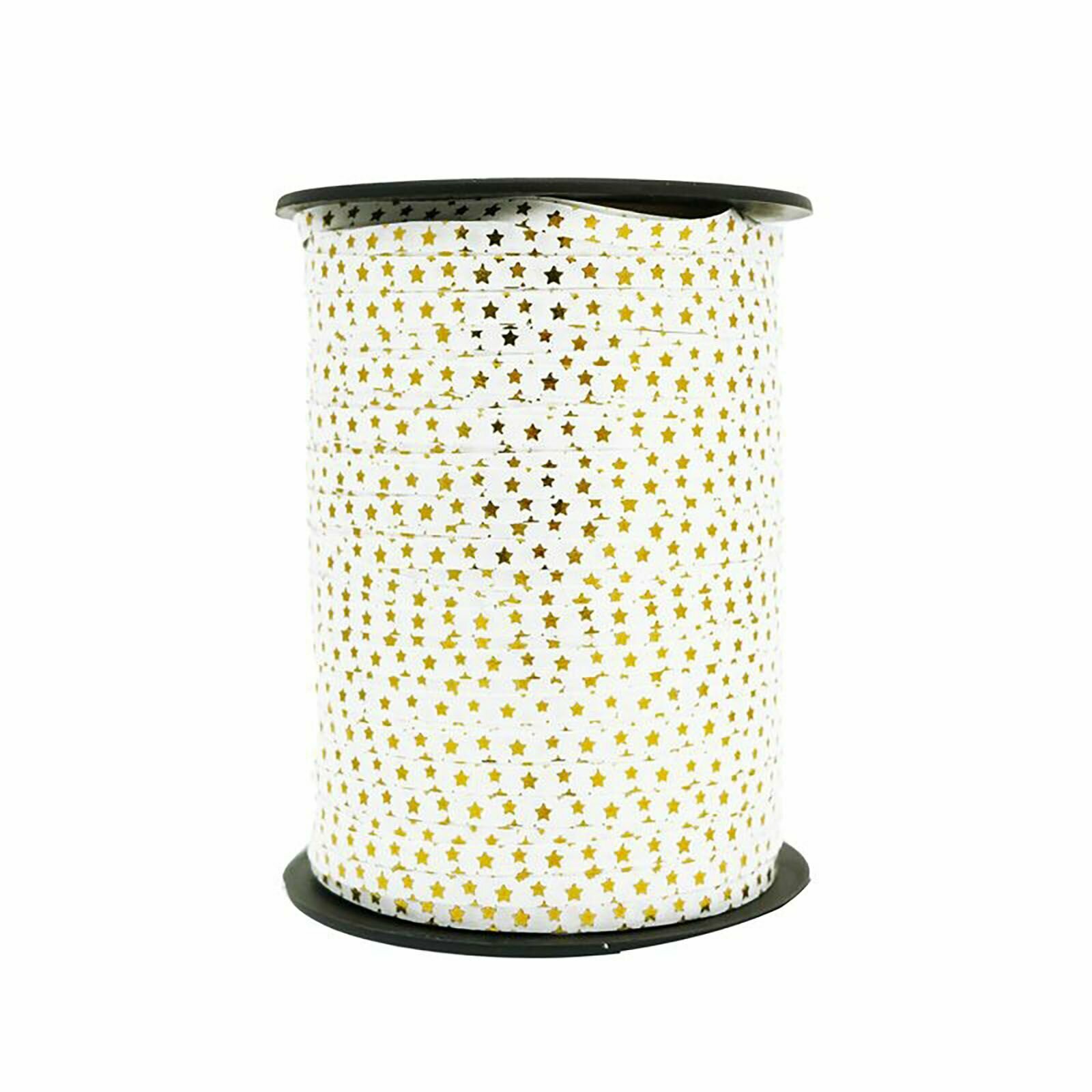 Лента для шаров и подарков / Белая с золотыми звездами / 0,5 см * 250 м