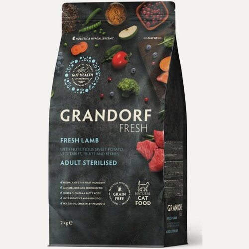 Изображение товара Корм сухой Grandorf Fresh , беззерновой с живыми пробиотиками, свежее мясо ягненка с бататом для стерилизованных кошек, 2 кг