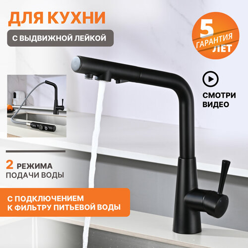 Смеситель для кухни с подключением к фильтру питьевой воды черный, с гибким выдвижным изливом и лейкой 2 режима. Кран для мойки на кухню. Abroli 378BL