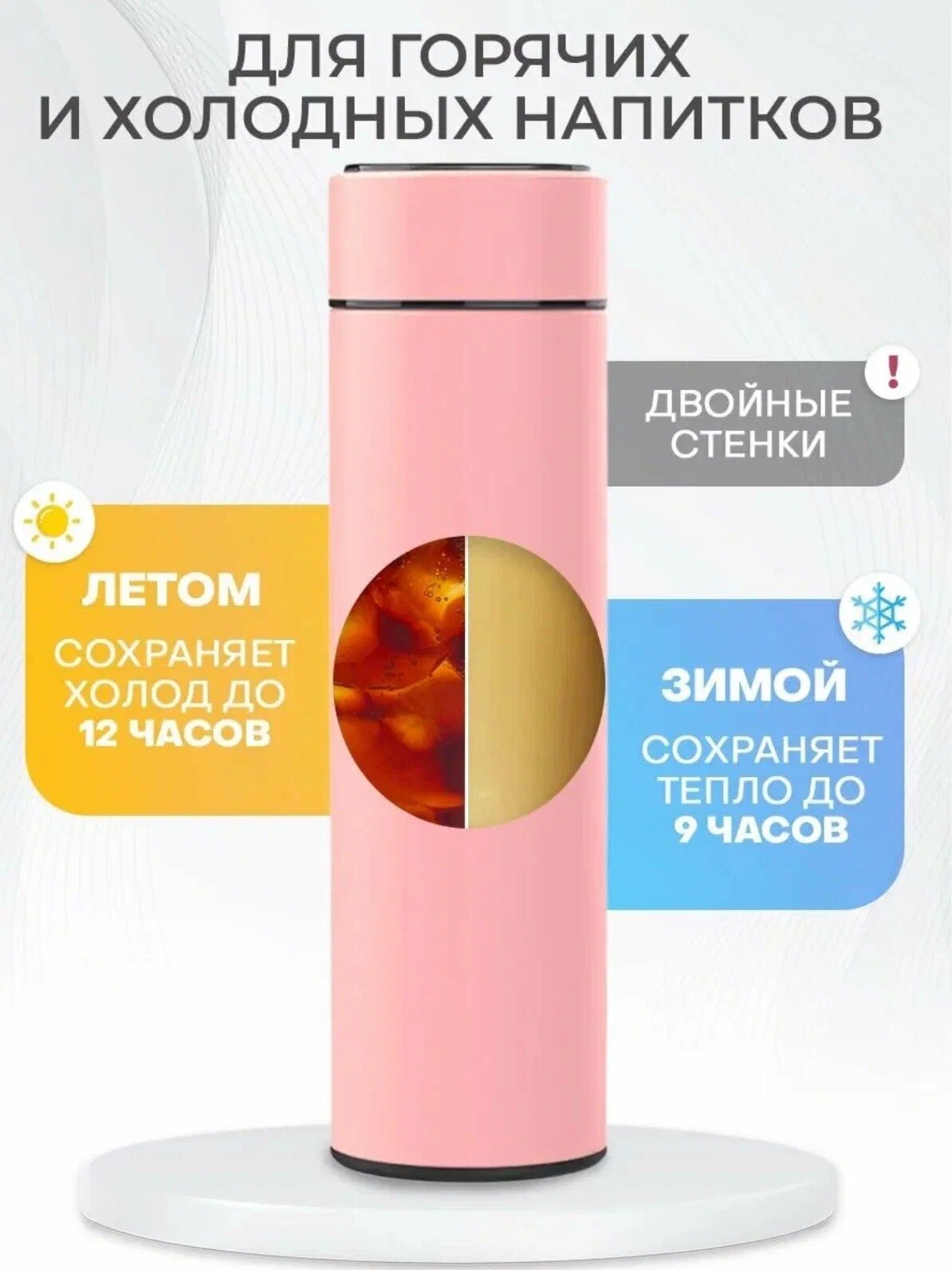 Термос с LCD дисплеем / Термос с датчиком (индикатором) температуры / Термобутылка / Автокружка розовый — фото 1