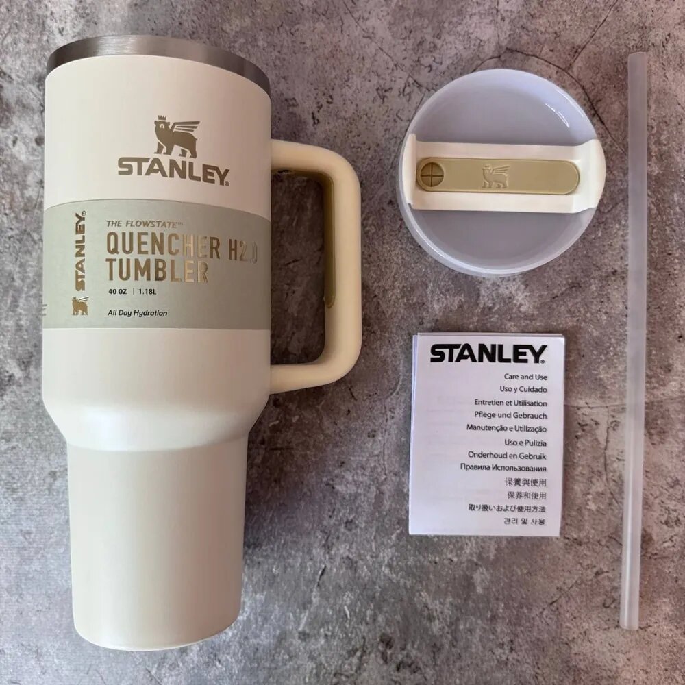 Термокружка из нержавеющей стали для холодных и горячих напитков, Stanley 1.18л, Белая + колпачок для трубочки в подарок — фото 1