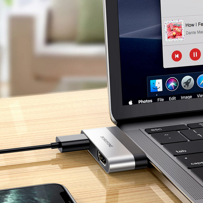 Адаптер DH2 USB-C на HDMI + USB 3.0, алюминий + ABS, совместим с Windows и Mac OS, компактный интерфейсный переходник — фото 1
