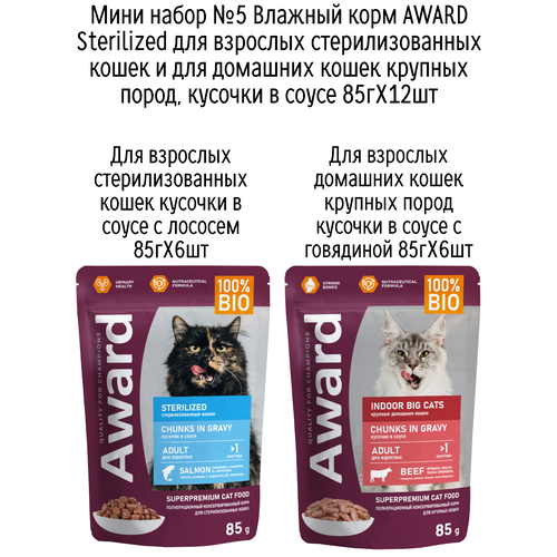 Мини набор №5 Влажный корм AWARD для кошек кусочки в соусе с лососем и говядиной, паучи, 12 шт х 85 гр (2 вкуса по 6 шт)